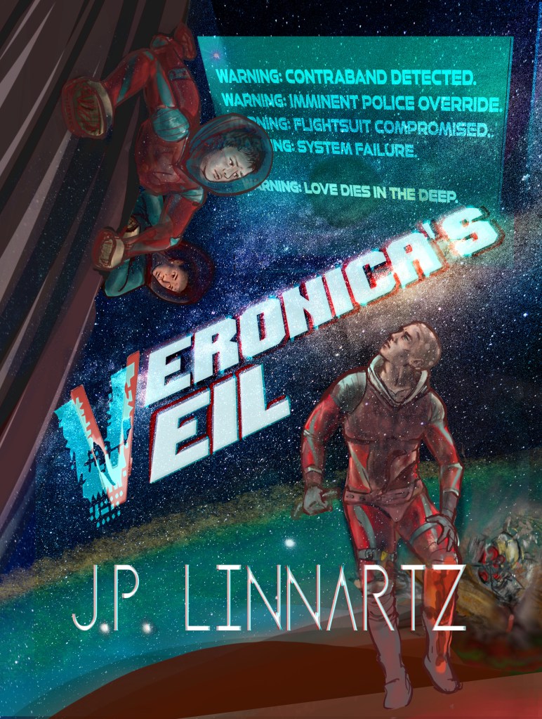 Thumbnail of possible cover draft for JP Linnartz's work in progress VERONICA'S VEIL. Sci-fi vibes with deep space and galaxy background. Two women in EVA spacesuits cling to a large curving surface in the upper left corner. An injured man in a spacesuit stares up toward them from an ambiguous, artsy surface with a sizzling mess behind him.
