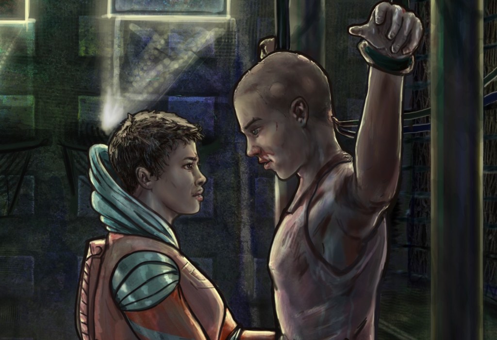 Five-image collage of sci-fi storyboard illustrations by J Price-Linnartz. 1. Shows young bald children. 2. Shows two figures holding hands as they watch out a huge dark window, seeing a black sphere with an explosive area. 3. Shows a woman with short hair in a sci-fi cockpit. 4. A woman in a tight sci-fi uniform clutches a tablet and scowls. 5. Two sci-fi characters stand suggestively close as one rescues the other from a dark place where he's tied up.